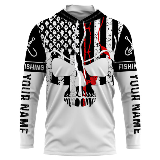 Maxcorners Vintage Fishing American Flag Skull Fishing Custom Name full print shirt | Long sleeve - LM0501
