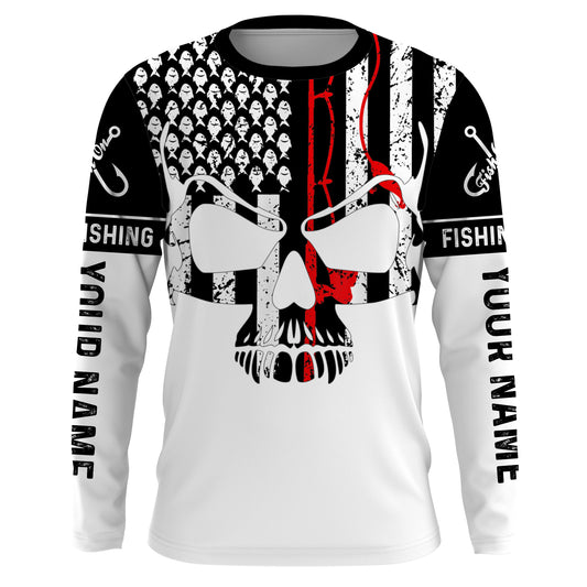 Maxcorners Vintage Fishing American Flag Skull Fishing Custom Name full print shirt | Long sleeve - LM0501