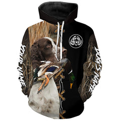 Maxcorners English Springer Spaniel Hunting Dog Custom Name Hoodie Shirt for Hunter  | Duck