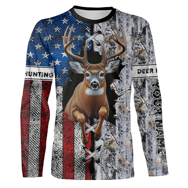 Maxcorners Deer Hunting American Flag Snow Winter Camo  Custom Name Shirt 3D All Over Printed Clothes