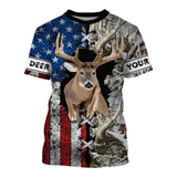 Maxcorners Custom Name White-tailed Deer Hunting US Flag Snow Camo Shirt 3D All Over Printed Clothes