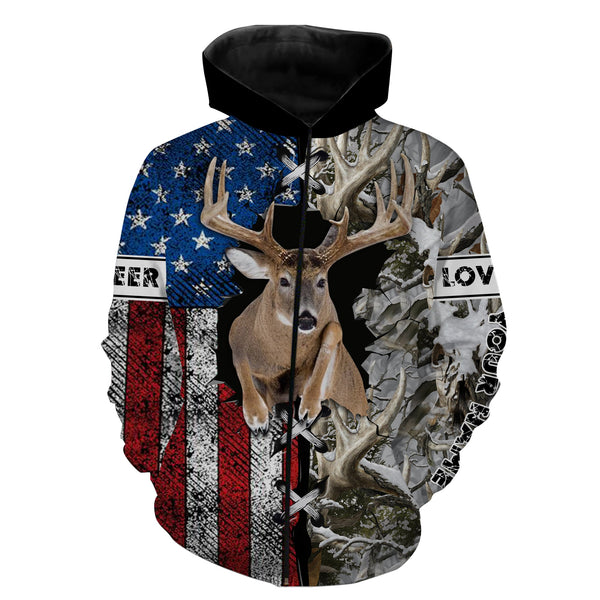 Maxcorners Custom Name White-tailed Deer Hunting US Flag Snow Camo Shirt 3D All Over Printed Clothes