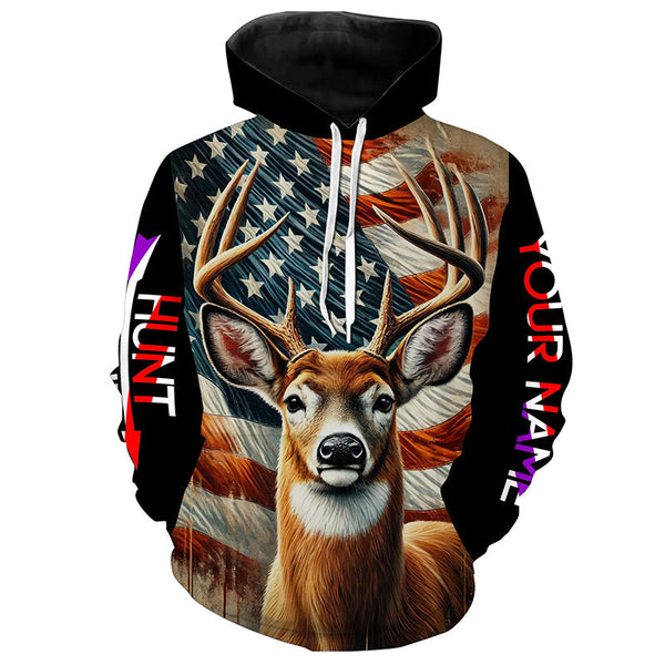 Maxcorners Deer Hunting American Flag Custom Name Shirt 3D All Over Printed Clothes