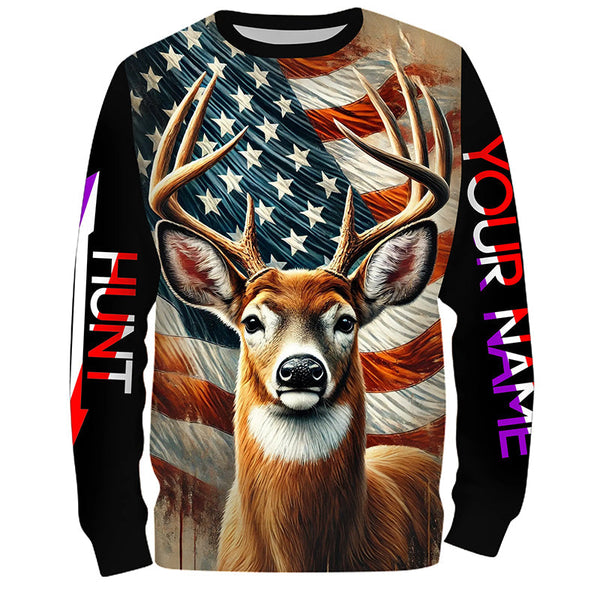 Maxcorners Deer Hunting American Flag Custom Name Shirt 3D All Over Printed Clothes