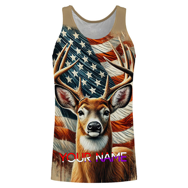 Maxcorners Deer Hunting American Flag Custom Name Shirt 3D All Over Printed Clothes