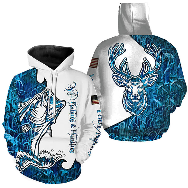 Maxcorners Fishing and Hunting Deer and Bass blue camo all over print Shirt, Hoodie - Personalized Gifts LM2608