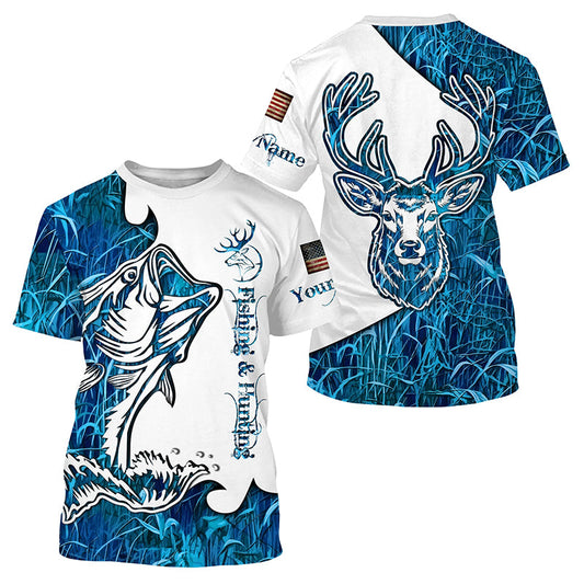Maxcorners Fishing and Hunting Deer and Bass blue camo all over print Shirt, Hoodie - Personalized Gifts LM2608