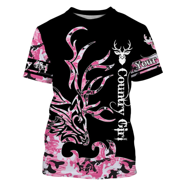 Maxcorners Custom Name Country Girl Deer Hunting Grunge Pink Camo 3D All Over Printed Clothes