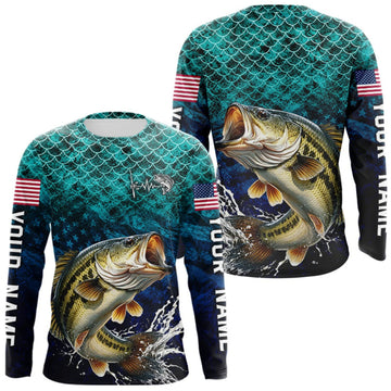 Maxcorners American Flag Bass Fish Long Sleeve Performance Fishing Shirt Custom Angler Tournament Jersey LM0410