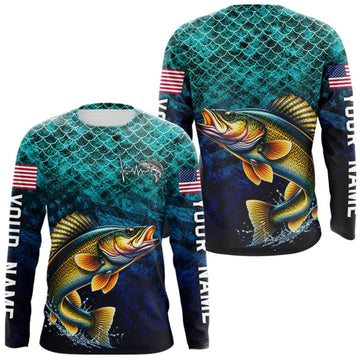 Maxcorners American Flag Walleye Fish Long Sleeve Performance Fishing Shirt Custom Angler Tournament Jersey LM0410