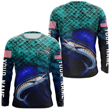 Maxcorners American Flag Sailfish Fish Long Sleeve Performance Fishing Shirt Custom Angler Tournament Jersey LM0410