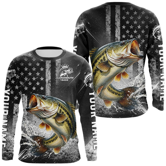 Maxcorners Gray Bass Custom Long Sleeve Fishing Shirts, American Flag Patriotic Bass Fishing Shirt LM0503