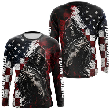 Maxcorners Grim Reaper Largemouth Bass Jersey – American Flag Patriotic Fisherman Long Sleeve Fishing Shirt LM0706