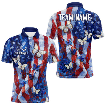 Maxcorners Personalized American Flag Butterfly Golf Polo Shirt – Custom Name Patriotic Team Apparel