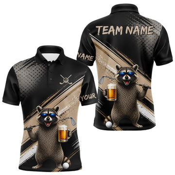Maxcorners Funny Raccoon Golf Polo Shirt Custom Name Golf Beer Polo Gift For Men Black Beige Golf Jersey LM1005