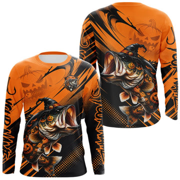 Maxcorners Halloween Bass Fishing Shirt, Largemouth Bass Long Sleeve Fishing Jersey, Custom Angler Gift LM1508