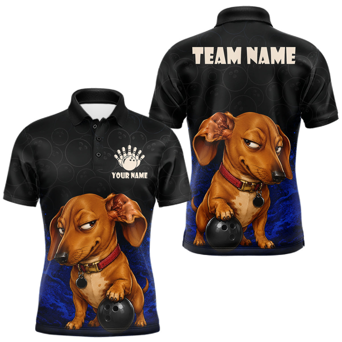 Maxcorners Custom Sly Dachshund Bowling Men Polo Shirt, Personalized Bowling Team Name Dog Lover Bowler Gift