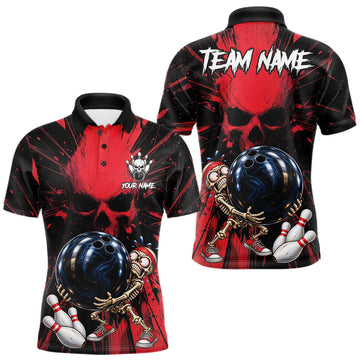 Maxcorners Funny Skull Bowling Shirt, Personalized Red Skeleton Bowling Polo For Bowling Teams For Men