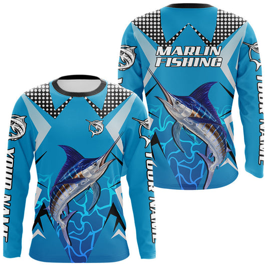 Maxcorners Marlin Fishing Blue Camo Custom Name Long Sleeve, Long Sleeve Fishing Shirt For Men LM2602