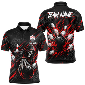 Maxcorners Custom Grim Reaper Bowling Shirt For Men, Personalized Red Paint Splatter Bowling Ball Polo LM0410