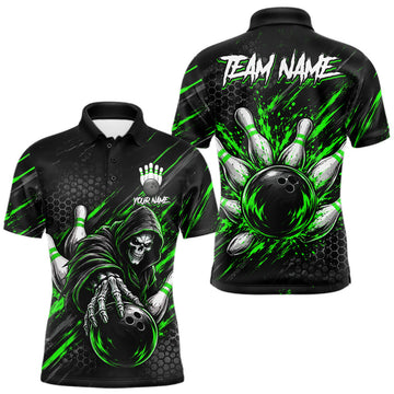 Maxcorners Custom Grim Reaper Bowling Shirt For Men, Personalized Green Paint Splatter Bowling Ball LM0410