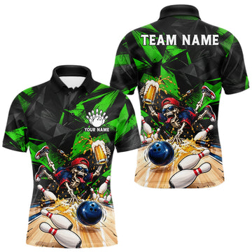 Maxcorners Funny Skeleton Beer Bowling Polo Shirt For Men Custom Green Black Team Tournament Jersey