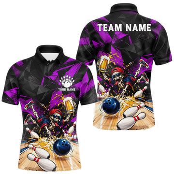 Maxcorners Funny Skeleton Beer Bowling Polo Shirt For Men Custom Purple Black Team Tournament Jersey