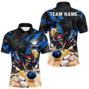 Maxcorners Funny Skeleton Beer Bowling Polo Shirt For Men Custom Blue Black Team Tournament Jersey