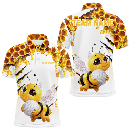 Maxcorners Custom Cute Honey Bee Golf Lover White Men Polo Shirt, Personalized Honey Bee Golf Tops