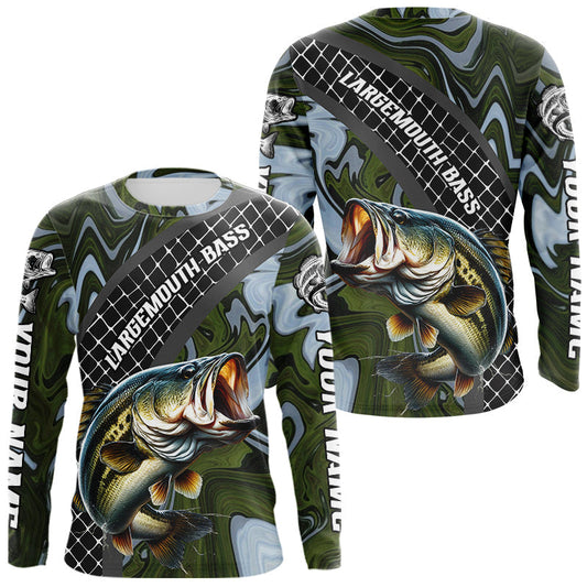 Maxcorners Largemouth Bass Fishing Shirts Long Sleeve Abstract Green Camo Performance Jersey For Men LM1705