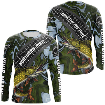 Maxcorners Northern Pike Fishing Shirts Long Sleeve Abstract Green Camo Performance Jersey For Men LM1705