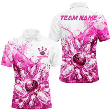 Maxcorners Ice Bowling Polo Shirt Personalized Mens Bowling Shirt Custom Name Team Bowling Outfit|Pink LM1508
