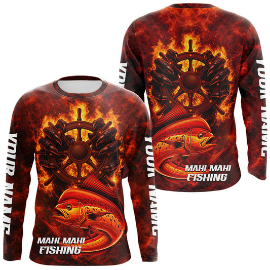 Maxcorners Red Mahi Mahi Fishing Shirts Long Sleeve, Personalized Men's Fishing Shirt LM1501