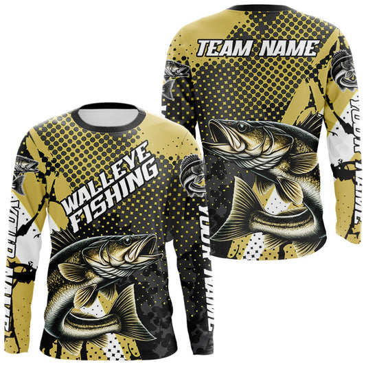 Maxcorners Personalized Walleye Fishing Shirts Long Sleeve, Yellow Camo Walleye Fishing Shirts LM2602