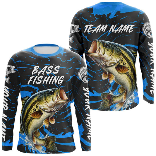 Maxcorners Custom Largemouth Bass Fishing Shirts Long Sleeve – Performance Tournament Jersey For Men | Blue LM1904