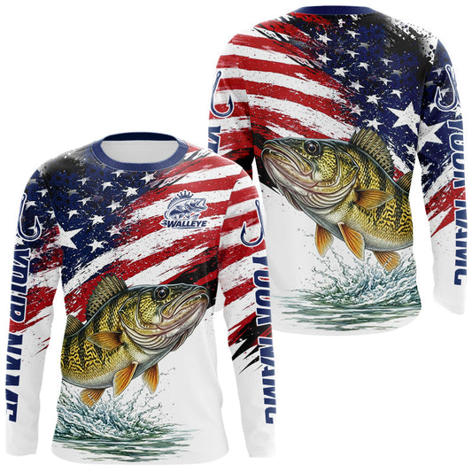 Maxcorners Personalized Patriotic Walleye Fishing Shirts Long Sleeve, American Flag Fishing Jerseys For Men LM1904
