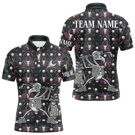 Maxcorners Dark Skull Golf Polo Shirt – Gothic Skeleton Flamingo Pattern Funny Golf Shirt For Men