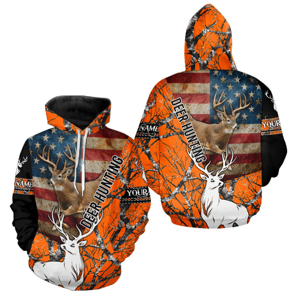 Maxcorners Deer Hunting Shirt Personalized 3D All Over Print Orange Camo With US Flag Hunting Clothes LM1809