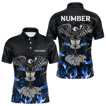 Maxcorners Personalized Mens Disc Golf Polo Shirt With Eagle Design, Customizable Name, Unisex Sports Jersey For Men | Blue LM1904