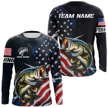 Maxcorners Bass Fishing Shirts Long Sleeve American USA Flag Camo Custom Name, Fishing Jersey For Men LM2405