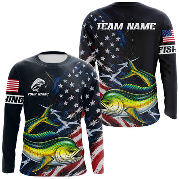 Maxcorners Mahi Mahi Fishing Shirts Long Sleeve American USA Flag Camo Custom Name, Fishing Jersey For Men LM0106
