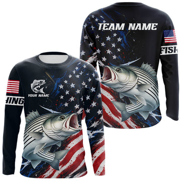 Maxcorners Striped Bass Fishing Shirts Long Sleeve American USA Flag Camo, Fishing Jersey For Men LM2405