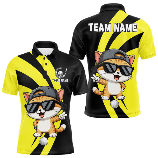 Maxcorners Funny Cat Golfer Polo, Custom Name Team Men Golf Shirt, Golf Top