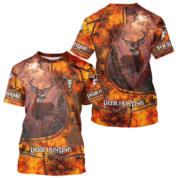 Maxcorners Whitetail Deer Hunting Shirt With Orange Camo Pattern And Skull Design For Hunters LM2608