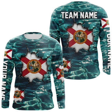Maxcorners Florida Flag Fish Water Camo Custom Long Sleeve Fishing Shirts, Performance Fishing Shirts For Men LM2704