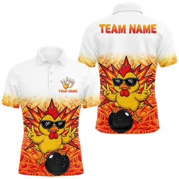 Maxcorners Custom Name Men Chicken Bowling Polo Shirt, Funny Chicken Apparel, Personalized Team Bowling Shirt LM2709