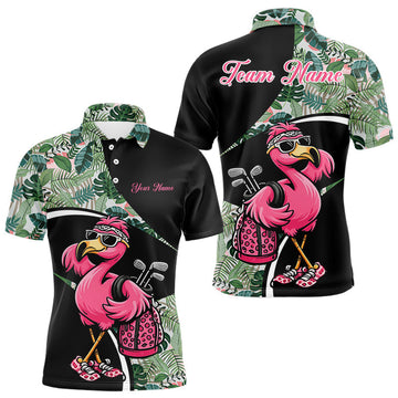 Maxcorners Funny Pink Flamingo Pattern Green Tropical Golf Polo Shirt For Men, Custom Flamingo Golf Shirt For Team