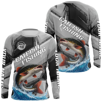 Maxcorners Gray Camo Custom Catfish Fishing Shirts Long Sleeve, Catfish Fishing Jerseys For Men LM0402