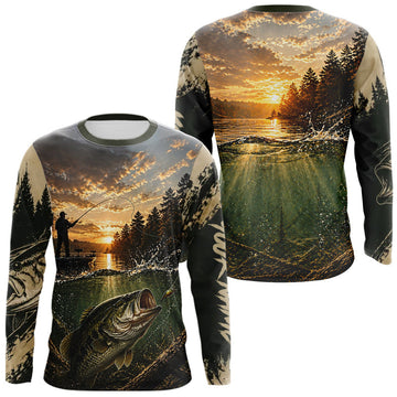 Maxcorners Personalized Bass Fishing Shirt Angler Sunset Lake Design, Outdoor Fishing Apparel Gift For Dad LM1005