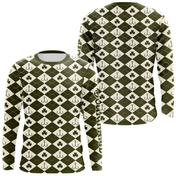 Maxcorners Irish Fishing Shirt Long Sleeve Shamrock Argyle, Funny Hook & Clover Pattern Top For Anglers LM0609